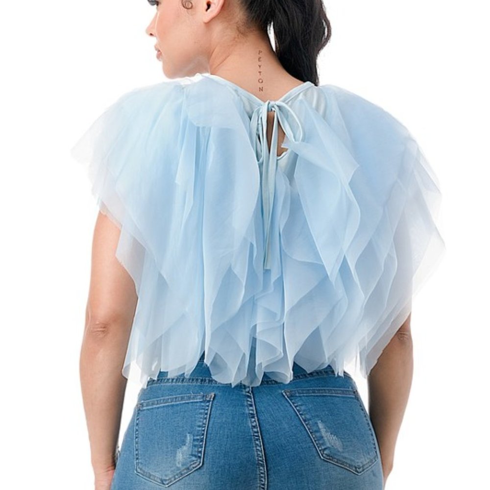 COPY - Sheer Chiffon Ruffled Top Baby Blue Medium - Picture 3 of 3